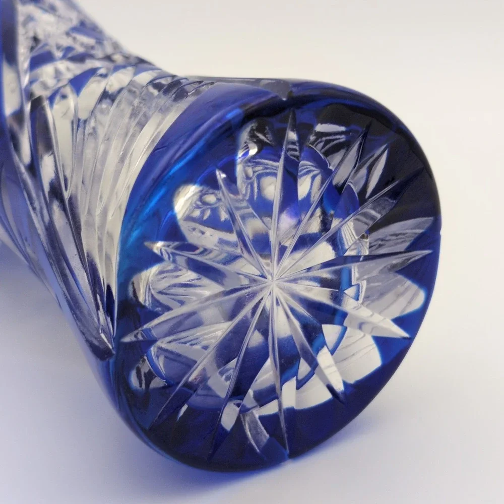 Vintage German Cobalt Blue Cut to Clear 24% Lead Crystal Rose Vase 8